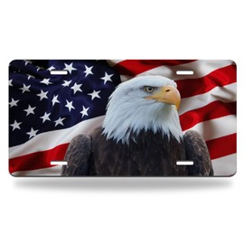 License Plate The American Flag with Bald Eagle Aluminum Metal Car Tag United States National Patriotic Symbol USA Flag White Wildlife Durable Automotive Front Plate 6 X 12 Inch