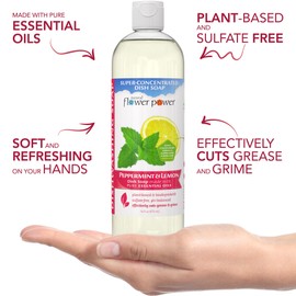 Natural Flower Power - Plant-Derived Dish Soap - Sulfate-Free, Bio-Based, pH-Balanced, Vegan Cleaning Supplies - Peppermint & Lemon - 3 x 16 oz