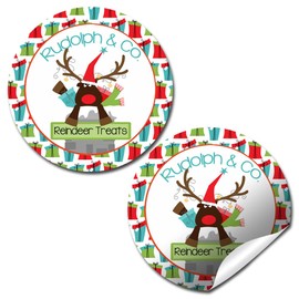 Rudolph & Co. Reindeer Treats Christmas Holiday Sticker Labels, Total of 40 2" Circle Stickers by Amanda Creation