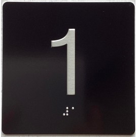 1St Floor Elevator Jamb Plate Sign With Braille And Raised Number-Elevator Floor Number 1 Signletters/Image & Grade 2 Braille - Includes Red Adhesive Pad For Easy Installation (4" W X 4" H,Black, Tacticle Sign,W) - The Sensation Line