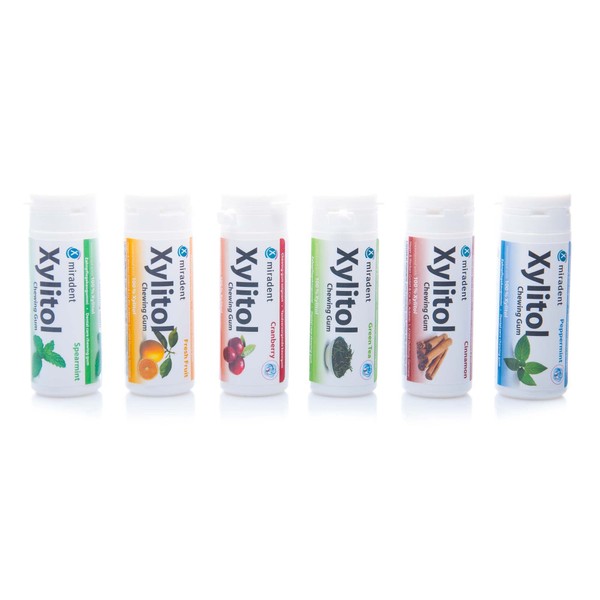 Miradent Xylitol Chewing Gum, Pack of 6 (Peppermint, Spearmint, Green Tea, Cranberry, Fruit, Cinnamon) 6 x 30 Pieces