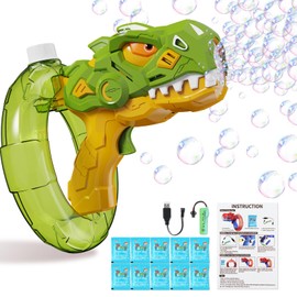 LLESSOO Bubble Gun, Dinosaur Bubble Guns for Kids Ages 4-8, Bubble Machine Gun for Toddlers 3-5, Rechargeable Bubble Blower Maker, Outdoor Toys for Kids Ages 4-8, Summer Bubble Toys (Green)