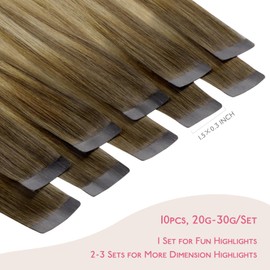 WENNALIFE Tape Extensions Real Hair Ombre Walnut Brown to Ash Brown and Bleach Blonde 10 Pieces Tape in Extensions Real Hair 30 g 55 cm Invisible Hair Extensions Real Hair Invisible Straight Refill