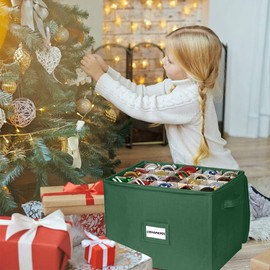 Christmas Ornament Storage Box - Large Christmas Decor Storage Containers that Store up to 80 Ornaments of 3 Inches - Heavy Duty Durable 600D To Protect And Store Holiday Ornaments Décor - Green