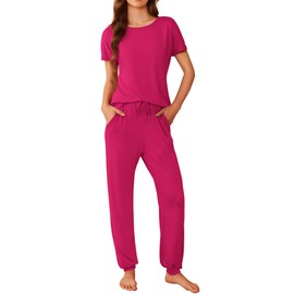 Ekouaer Womens Pyjamas Set Short Sleeve Cute Printed Long Pants 2 Piece PJ Sets Loungewear Sleepwear with Pockets, Hot Pink, S