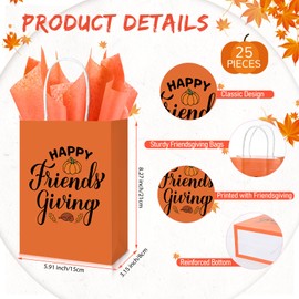 Cholemy 25 Sets Thanksgiving Gift Bags Thanksgiving Party Favor Friend Thanksgiving Treat Bags with Tissue Paper Fall Gift Candy Wrap Bags with Handles for Friend Guests, 5.9 x 3.15 x 8.27 Inch