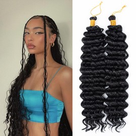 Deep Wave Crochet Hair 18 Inch 2 packs Long Curly Braiding Extensions Ocean Wave For Black Women Synthetic Ocean Curly Crochet Hair For Boho Box Braids (1B, 18inch, 2pack)