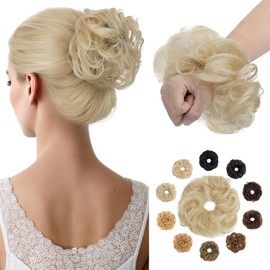 Hairro Human Hair Messy Bun, 100% Real Ponytail Hair Scrunchies, Natural Curly Chignon Fluffy Donut Updo, Hairpiece with Elastic Rubber Band for Women, 1 Count Bleach Blonde Wavy
