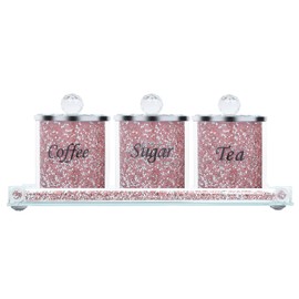 36oz Diamond Sugar Flour Tea Coffee Storage Container 3pcs Set with Crystal Lid and Glass Tray Cookie Candy Kitchen Canisters Glass Spice Jars for Organizing Home Decor (Pink)