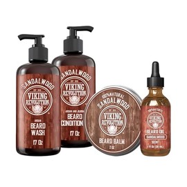 Viking Revolution Sandalwood Beard Wash and Beard Conditioner for Men (17 Oz each), Sandalwood Beard Balm (2 Oz) and Beard Oil (1 Fl Oz) - Beard Care Softener and Strengthener