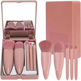 Set de Brochas de Maquillaje de Viaje 5PCS Mini Kit de Maquillaje Portátil Función Completa Kit de Brochas Cosméticas Kit de Brochas de Maquillaje Lindo Pincel de Maquillaje para Sombra de Ojos, Polvos, Base de Maquillaje, Colorete (5pcs+Espejo)