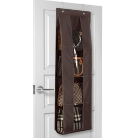 Lirex Purse Organizer, Over Door Handbag Organizer Hanging Purse Hanger with 4 Clear Pockets Foldable Scarf Umbrella Handbag Hanging Storage for Family Closet Bedroom, Universal Fit, Dark Brown