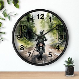 Biker Riding Through Forest Wall Clock | Woods Road Motorcycle Art | Unique Biker Decor | Outdoor Adventure Clock | Gift for Bikers - Color: Black, hands: Black, Size: 10"