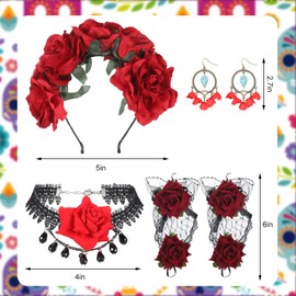Kit de 4 Accesorios para Disfraces de Día de Los Muertos Diadema con Corona de Flores Mexicanas Collar de Gargantilla con Colgante Gótico de Encaje Negro Guantes de Encaje Rosa para Fiesta