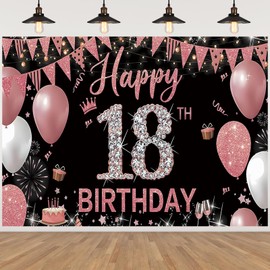 18.Geburtstag Banner Roségold Schwarz, 18.Geburtstagsbanner, Deko 18 Geburtstag Dekoration Hintergrund, Happy Birthday Banner, Extra Groß Party Geburtstagsdeko Hintergrund (180 x 110 cm)