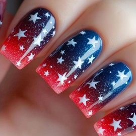 4th of July Independence Day Press on Nails Square Medium Fake Nails with French Tip Designs Red Glue on Nails Stars Artificial Nails Press ons Glitter Full Cover Stick on Nails for Women