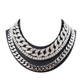 Mens Iced Out Hip Hop Silver tone CZ Miami Cuban Link Chain Choker Necklace (3 Chain Choker)