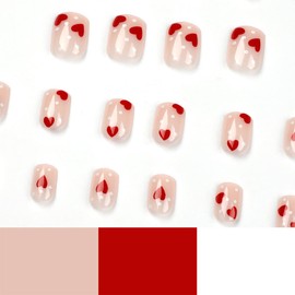 Red Heart Press on Nails Short Square Love Fake Nails with White Dots Red Hearts Design Valentine Nail Supplies for Women Girls Acrylic False Nail Kits Static Stick on Nails Reusable Full Cover 24Pcs