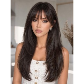 Wig with Bangs, Dark Brown 26 Inch Synthetic, 4x4 Realistic Scalp
