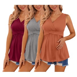 Ekouaer Maternity Tank Tops for Women 3 Packs Sleeveless Pregnancy Shirts V Neck Breastfeeding Tee Caramel/Grey/Wine Red L
