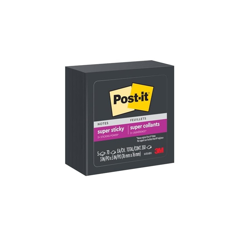 3M Post-it Notas Super Adhesivas color Negro, 5PK con 70