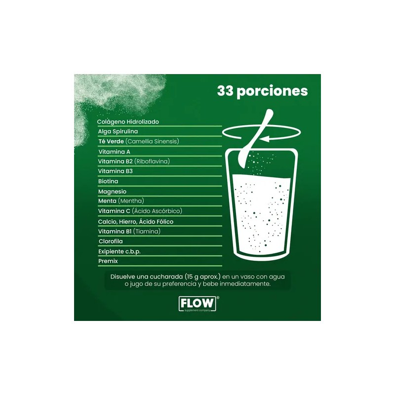 Colágeno Hidrolizado Con Spirulina 500 Grs Flow Sabor Menta -