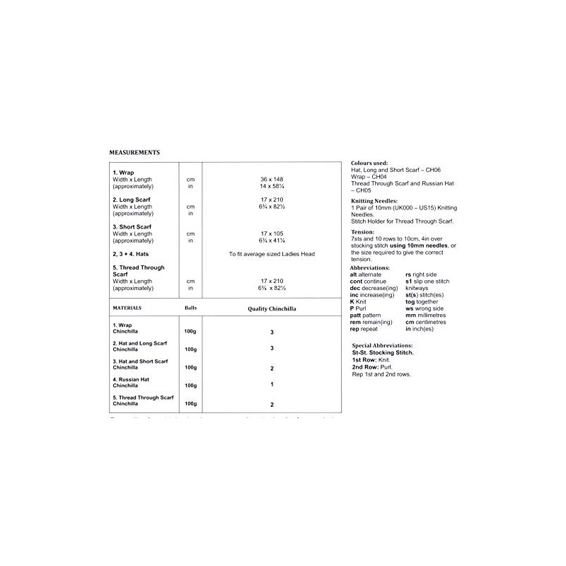 James Brett Chinchilla Knitting Pattern Womens Accessories Wrap Hats &