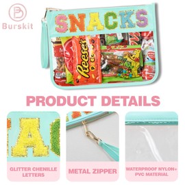 Burskit Burskit Chenille Letter Clear Zipper Pouch for Travel Preppy Patch Makeup Bag-Nylon Cosmetic Preppy Makeup Waterproof Organizer Bag Set for Women Valentines Bag (LS-SNACKS)