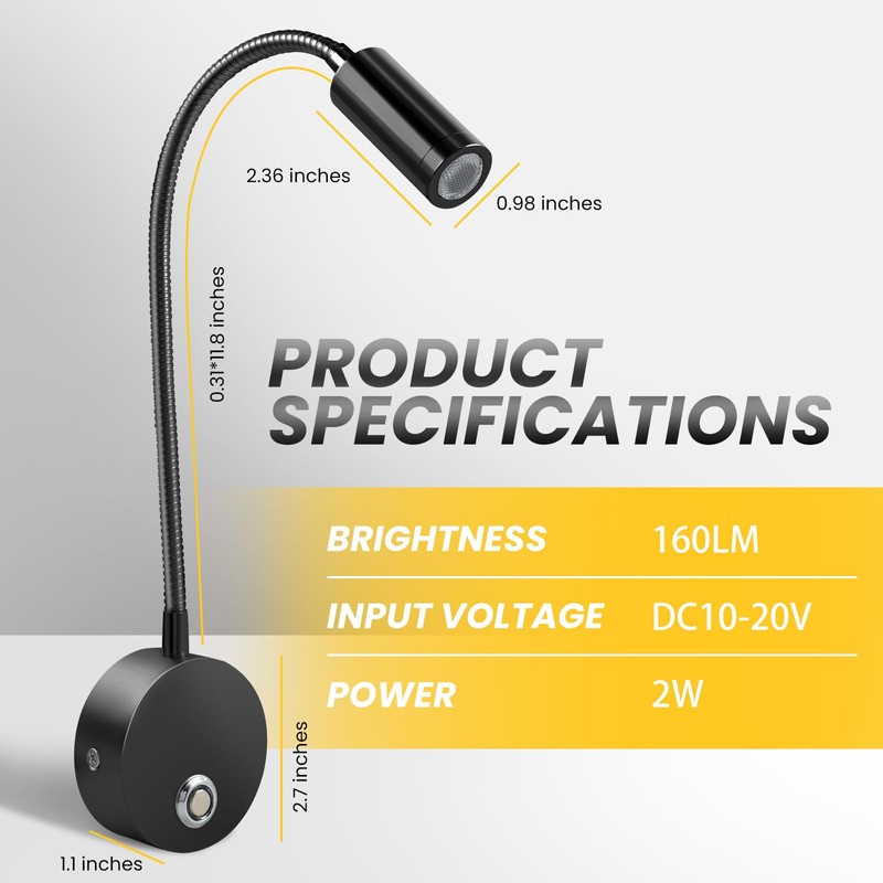 12V Dimmable LED RV Reading Light, 3-Mode USB Gooseneck Lamp