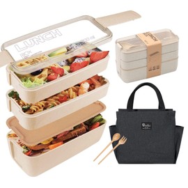 Lunch Box, Fiambrera Bento Box de Almuerzo Contenedor Bundle Divider Estilo,Con Una Bolsa de Almuerzo,900 Ml 3 Pisos, Lonchera Contenedor Cubiertos Incluidos, Eco Friendly (Caja Almuerzo Verde+Beige)