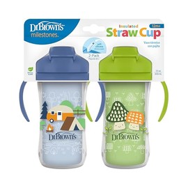 Dr. Brown's Milestones - Taza aislada para sorbos con pajita y asas, vaso a prueba de derrames con tapa, paquete de 2, azul y verde, 10 onzas, 300 ml, última intervensión de BPA, 12 m +