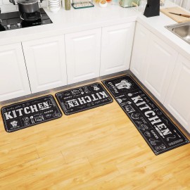 Sinmoe 3 Pcs Kitchen Rug Set Non Skid Thick Black Kitchen Rugs and Mats Stain Resistant