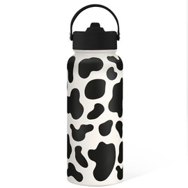 Sandjest SipChic 32oz Sports Water Bottle with Flip Straw & Handle, Portable Insulated Stainless Steel Leak Proof, Travel Gym Mom Nurse Christmas Gift:_Cow Skin