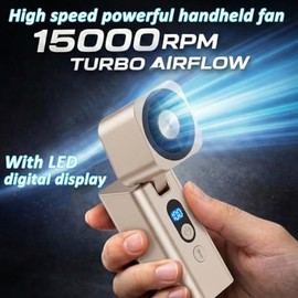 Ronjregan Metal Mini Handheld Fan 1-100 speed 15000RPM, 5000mAh Rechargeable Powerful Handheld Turbo Fan with Flashlight, Personal Portable Mini Hand Held Fan for Travel Camping Beach (Gold)