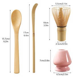 Matcha Tea Set with Whisk and Spoon, Matcha Whisk Kit with Ceramic Whisk Holder Scoop Matcha Ceremony Accessory Set Matcha Gift Set(Pink)
