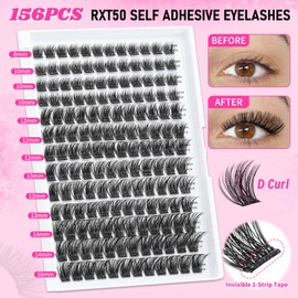 Self Adhesive Lash Clusters 156Pcs No Glue Needed Eyelash Clusters Invisible 2-Strip Tape D Curly Volume Cluster Eyelash Extensions 8-16MM by LASH SKYQD