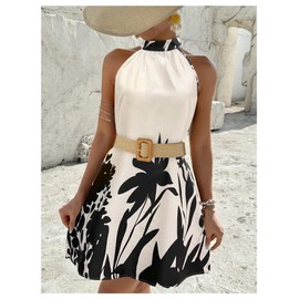 Floerns Women's Geo Print Halter A Line Dress Sleeveless Vacation Short Dresses Beige Floral Medium