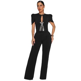 YSINTL Ladies' elegant jumpsuit, formal sexy casual straight leg pants, business party bubble sleeve jumpsuit S