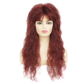 Red Long Curly Wigs for Women 80s Rocker Punk Wig with Bangs 70s Vintage Hair Wig for Cosplay Costume Halloween Party Use(Wine Red)
