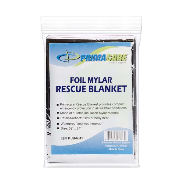 Primacare CB-6841 Emergency Foil Mylar Thermal Blankets, First Aid Space Blanket for Outdoors, Hiking, Survival, 52" x 84"
