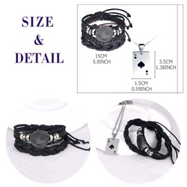 feilok Men's Necklace Men's Bracelet Necklace Set Genuine Leather Bracelet with Poker Ace of Hearts Spades Happy Pendant for Men, Stainless steel, genuine leather