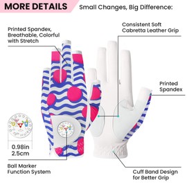 Golf Gloves Women Left Handed Half Finger Leather with Bling Ball Marker Value Pack Colored Glove for Right Hand All Weather Grip (Half-Blue&Pink, Small, Right)
