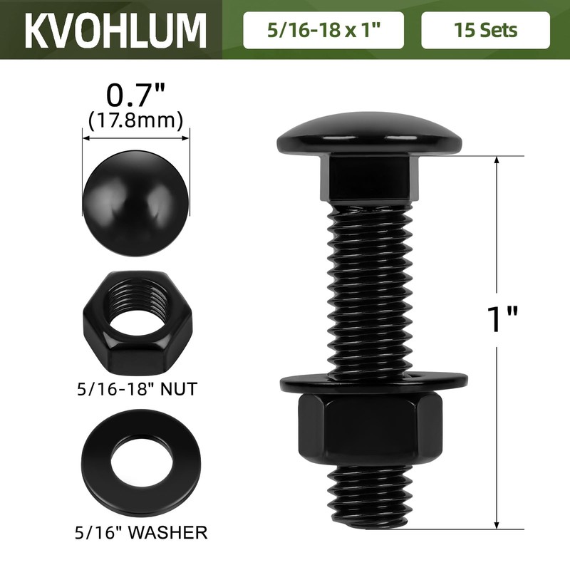 15 Sets 5/16-18 x 1" Carriage Bolt Kit, Round Head