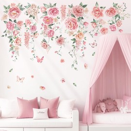 DECOWALL SG3-2428 Rose Vine Wall Stickers Room Decals Bedroom Living Flower Décor Art Floral Pink tv Decoration Butterfly Nursery Peel and Stick