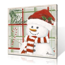 Christmas Wall Decor Snowman Picture with Santa Claus Hat Red and White Scarf Canvas Printing Painting Wall Art Home Décor for Bathroom Bedroom Living Room Office Framed Ready to Hang(24"x24"x 1Panel)