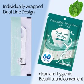 BAIDENTAL Dental Floss Picks 60 Count Individually Wrapped Disposable Flosser，Twin-Line Mint Flavored，Toothpick Stick Soft On Gum & Teeth，Clean and Residue-Free-Oral Care Tools.