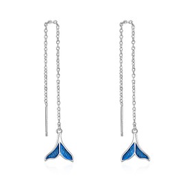 Mermaid Tail Threader Earrings for Women Sterling Silver Through Long Chains Blue Mermaid Dangle Drop Earrings Jewelry Gifts for Women Teens
