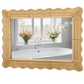 FUIN 22x30 Inch Handcrafted Wicker-Style Wave Frame Bathroom Wall Mirror & Entryway Mirror – Perfect for Bohemian Living Room, Bathroom, and Entryway Decor