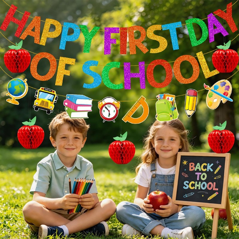 Happy First Day of School Banner – Pre-Strung Glitter Back