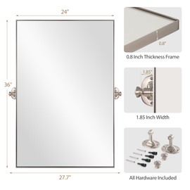 bolrok Pivot Mirror for Bathroom 24"×36" Brushed Nickel Titling Vanity Mirrors for Wall with Stainless Steel Metal Frame Silver Square Rectangle Bathroom Mirror Hangs Vertical